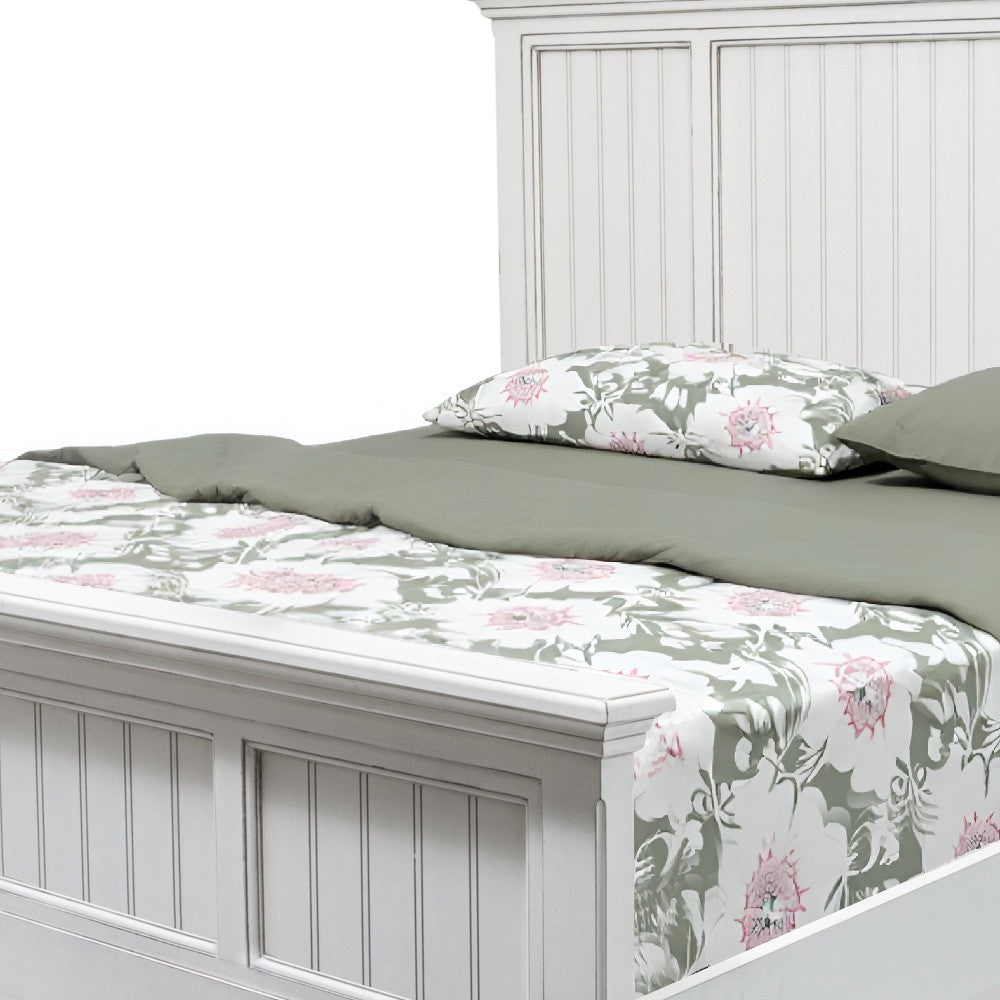 White Carved Geometric Distressed Solid Wood Queen Bed Frame