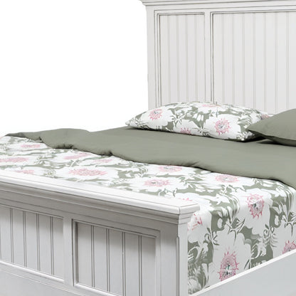 White Carved Geometric Distressed Solid Wood Queen Bed Frame