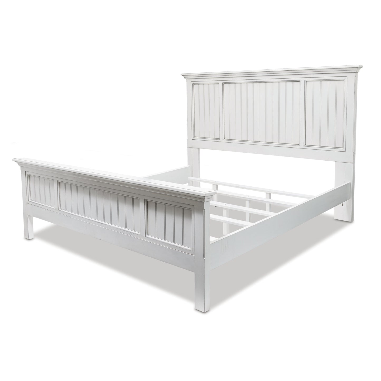 White Carved Geometric Distressed Solid Wood Queen Bed Frame
