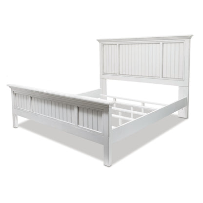 White Carved Geometric Distressed Solid Wood Queen Bed Frame