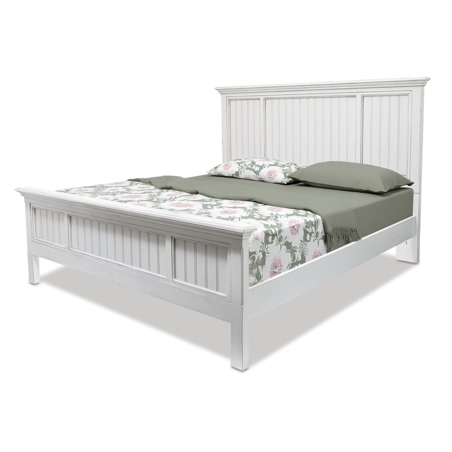 White Carved Geometric Distressed Solid Wood Queen Bed Frame