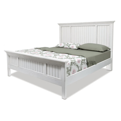 White Carved Geometric Distressed Solid Wood Queen Bed Frame