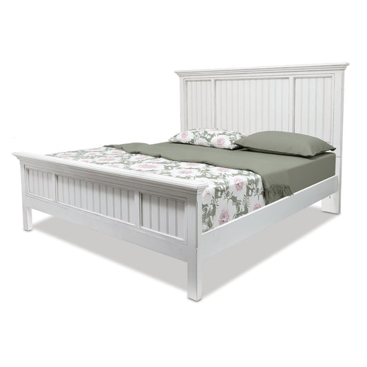 White Carved Geometric Distressed Solid Wood Queen Bed Frame