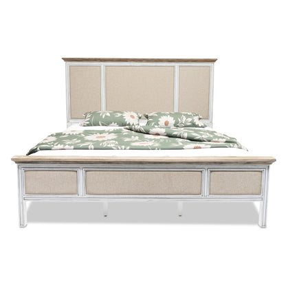 White and Beige Solid Wood & Linen King Bed Frame