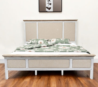 White and Beige Solid Wood & Linen King Bed Frame