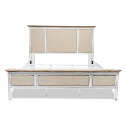 White and Beige Solid Wood & Linen King Bed Frame
