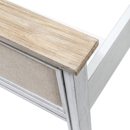 White and Beige Solid Wood & Linen King Bed Frame