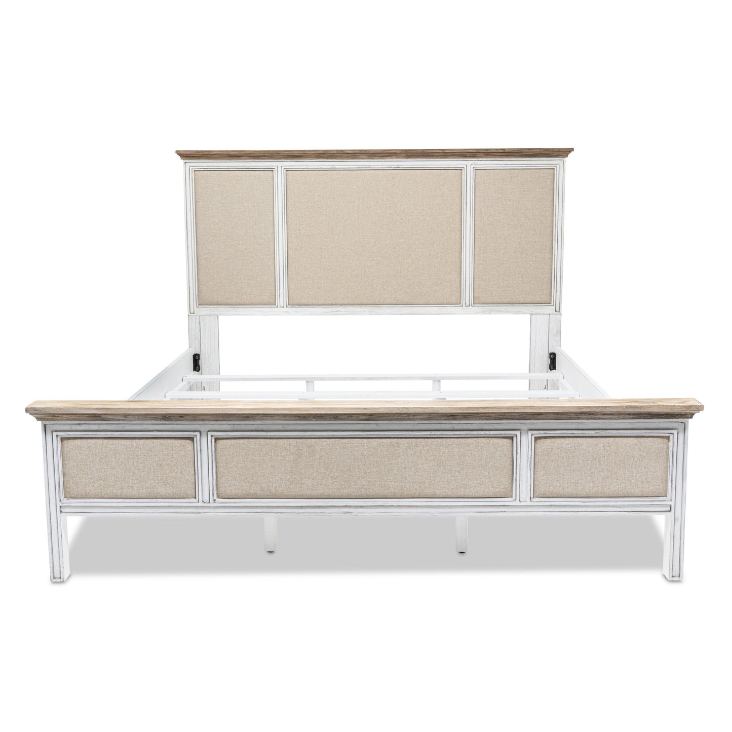 White and Beige Solid Wood & Linen King Bed Frame