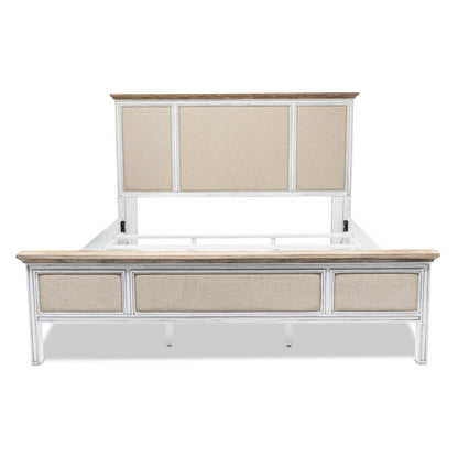 White and Beige Solid Wood & Linen King Bed Frame