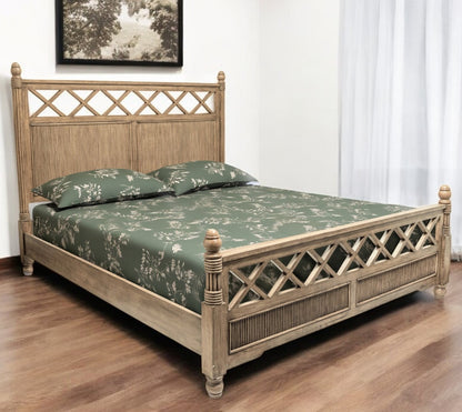 Natural Carved Geometric Solid Wood Bed Frame