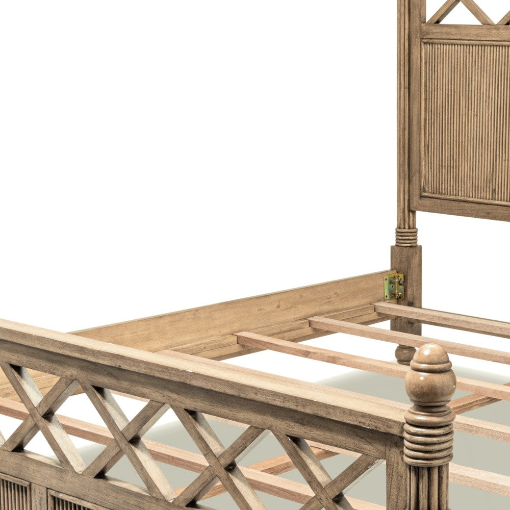 Natural Carved Geometric Solid Wood Bed Frame