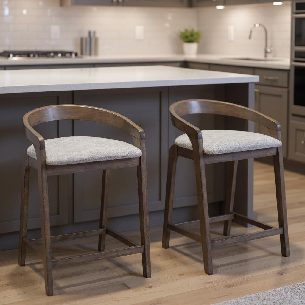 Gray & Espresso Fabric & Solid Wood Low Back Counter Height Bar Chairs - Set of 2