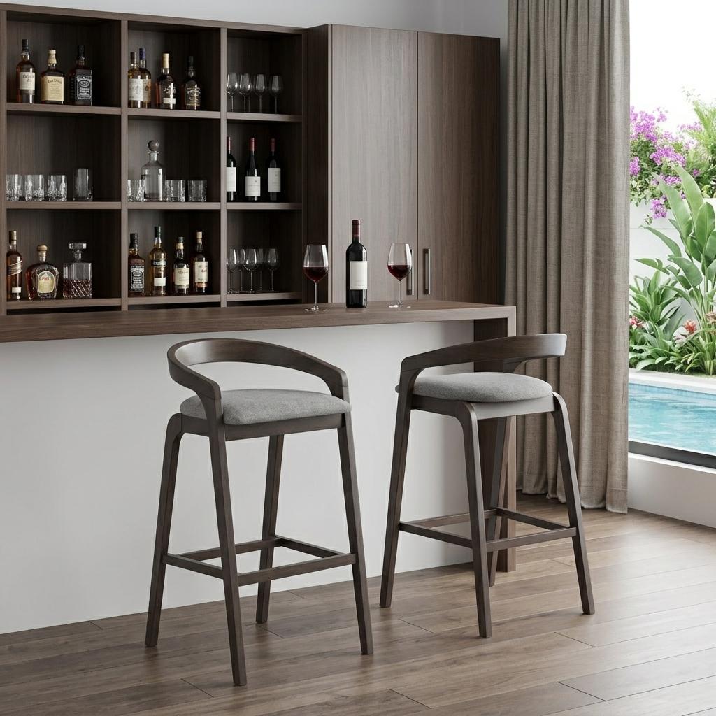 Gray & Espresso Fabric & Solid Wood Low Back Bar Height Bar Chairs - Set of 2