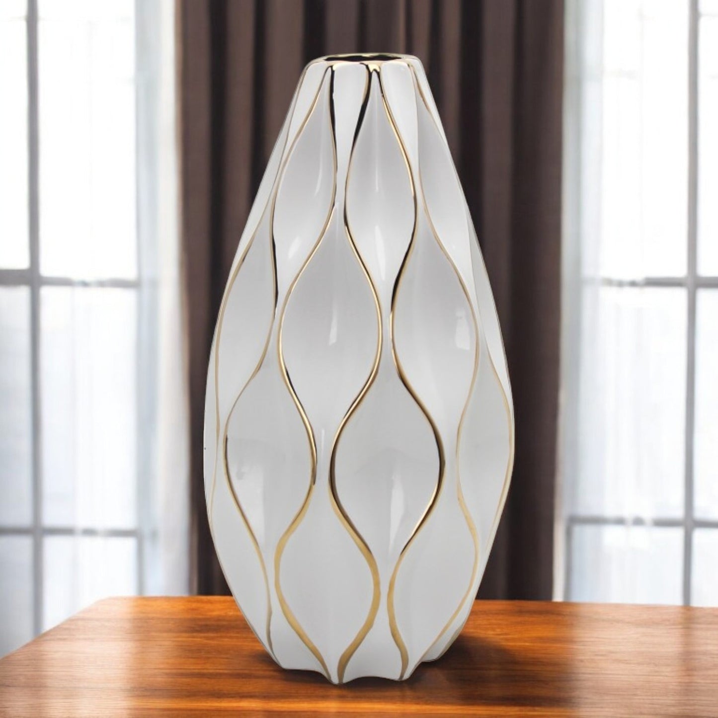 White & Gold Geometric Wavy Ceramic Table Vase