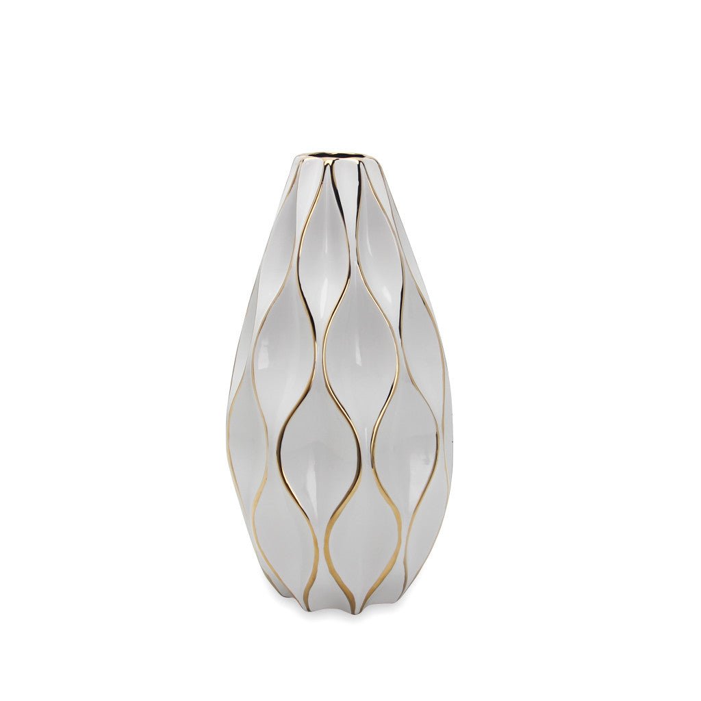 White & Gold Geometric Wavy Ceramic Table Vase