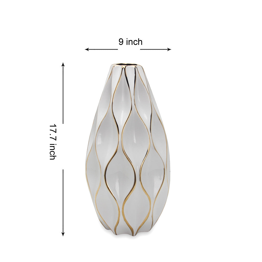 White & Gold Geometric Wavy Ceramic Table Vase