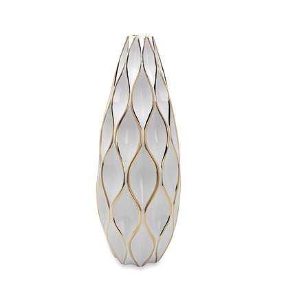 White & Gold Ceramic Geometric Wavy Table Vase