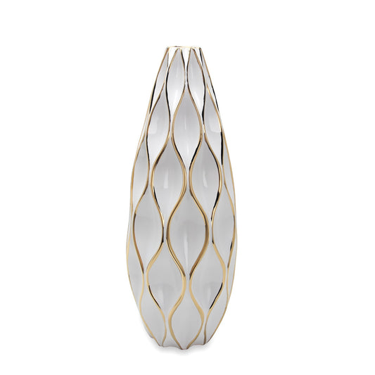 White & Gold Ceramic Geometric Wavy Table Vase