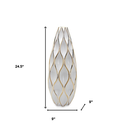 White & Gold Ceramic Geometric Wavy Table Vase