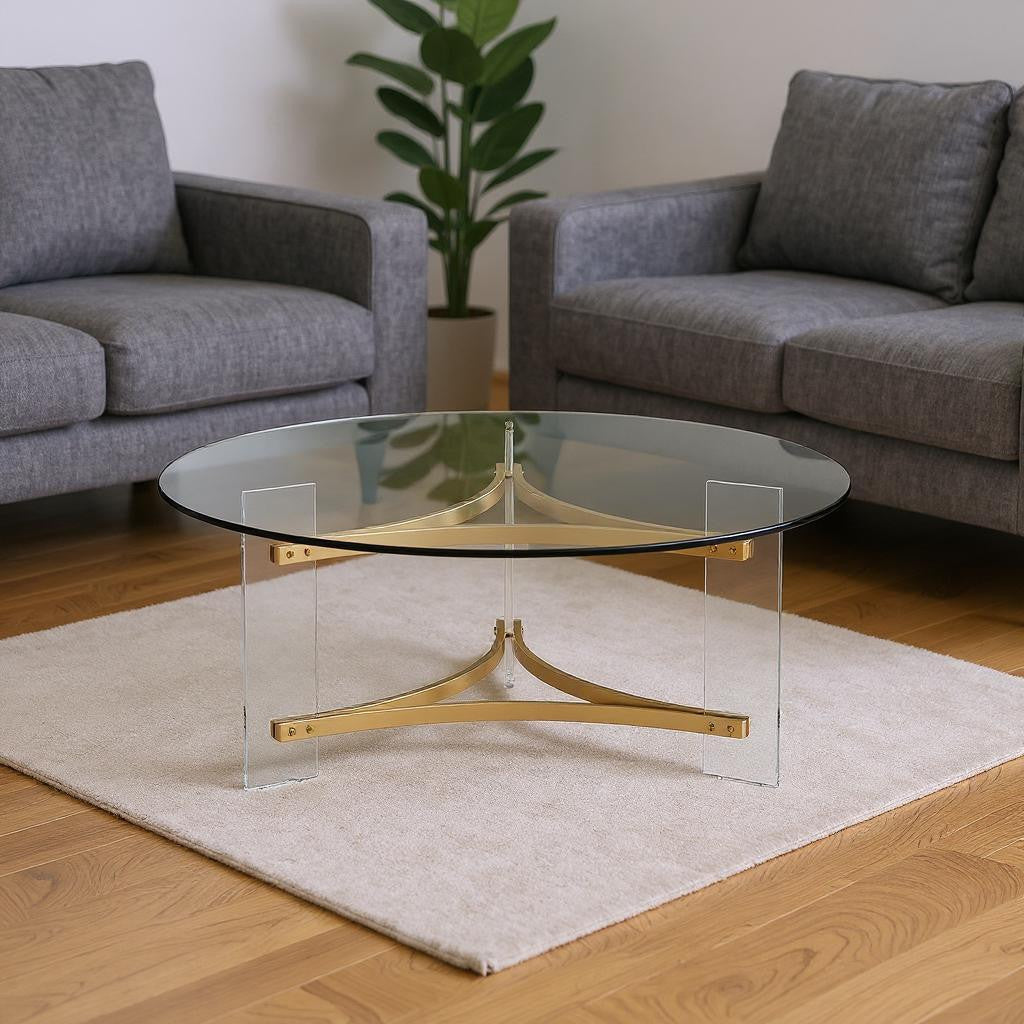 Clear & Gold Glass Acrylic & Brass Round Coffee Table image 1