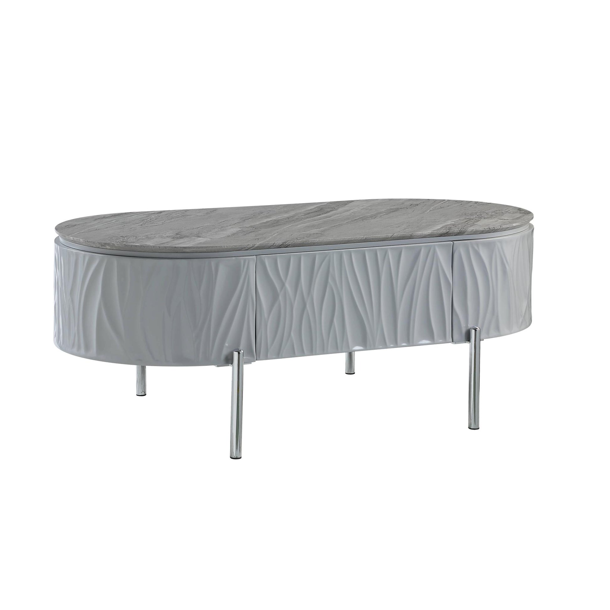 Gray Wood & Steel Oval Coffee Table w/ Drawer image 3