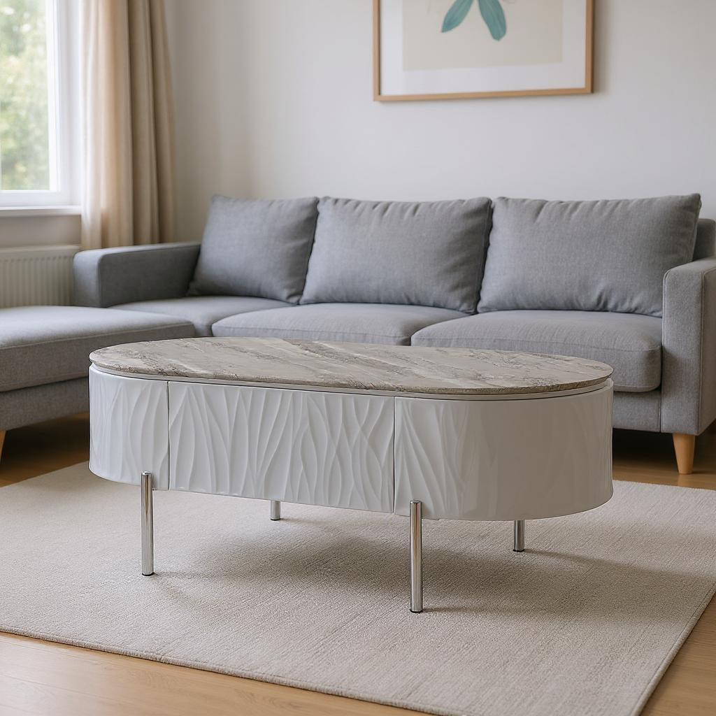 Gray Wood & Steel Oval Coffee Table w/ Drawer image 1