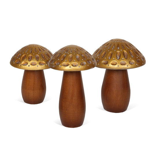 Set of Three Brown & Gold Wood Mushroom Tabletop Sculptures