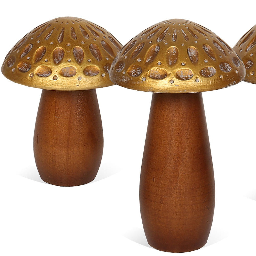 Set of Three Brown & Gold Wood Mushroom Tabletop Sculptures
