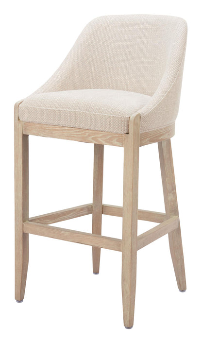 Beige & Natural Fabric & Solid Wood Bar Height Bar Chair