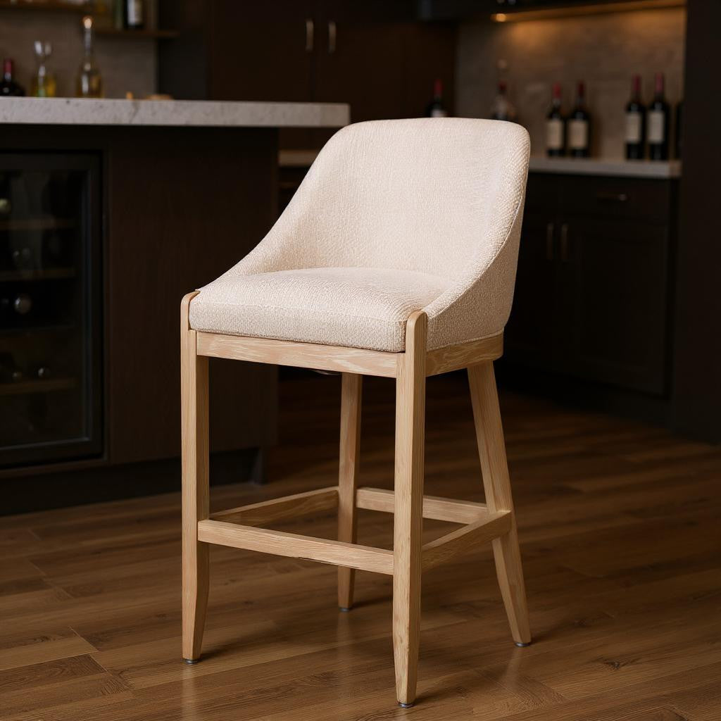 Beige & Natural Fabric & Solid Wood Bar Height Bar Chair