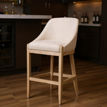 Beige & Natural Fabric & Solid Wood Bar Height Bar Chair