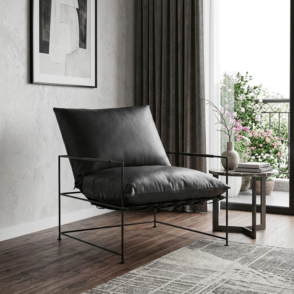 Black Genuine Leather Distressed Arm Chair