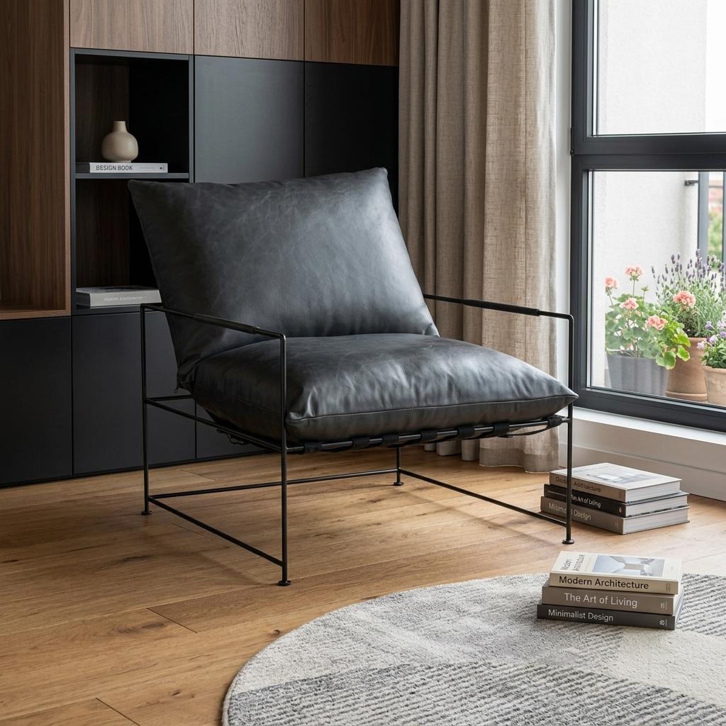 Black Genuine Leather Distressed Arm Chair