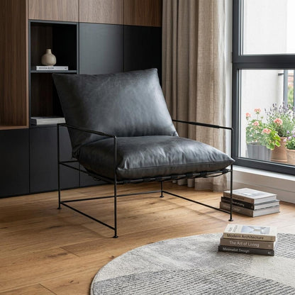 Black Genuine Leather Distressed Arm Chair