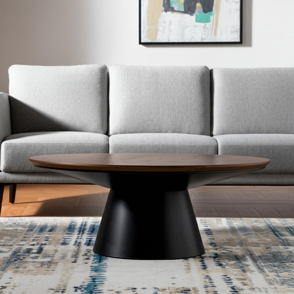 Brown & Black Solid Wood & Iron Round Pedestal Coffee Table image 1