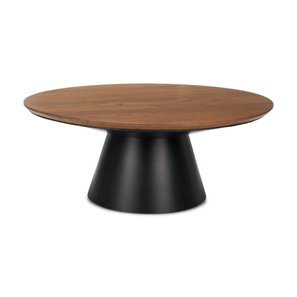 Brown & Black Solid Wood & Iron Round Pedestal Coffee Table image 2