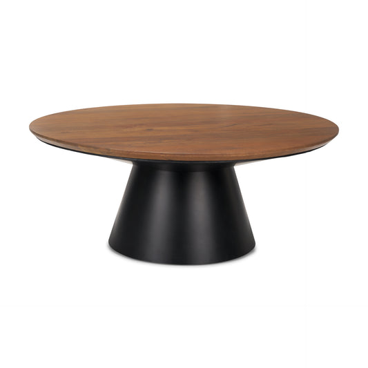 Brown & Black Solid Wood & Iron Round Pedestal Coffee Table image 2
