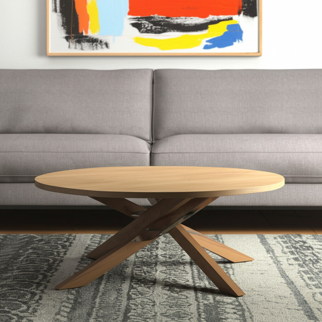 Natural Solid Wood Round Cross Legs Coffee Table image 1