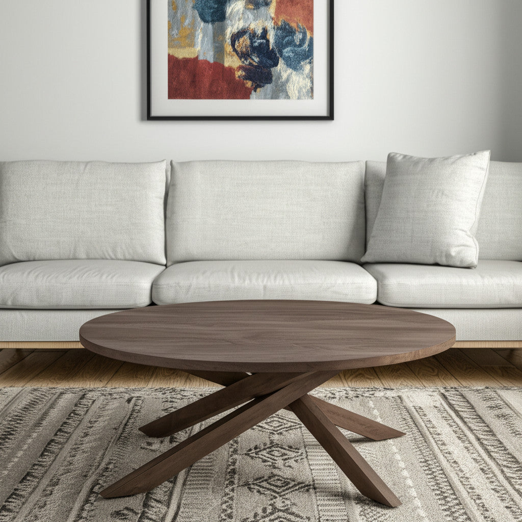 Brown Solid Wood Round Cross Legs Coffee Table image 1