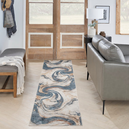 Nourison Astra Ivory & Blue Pet Friendly Machine Washable Rug - Room Scene
