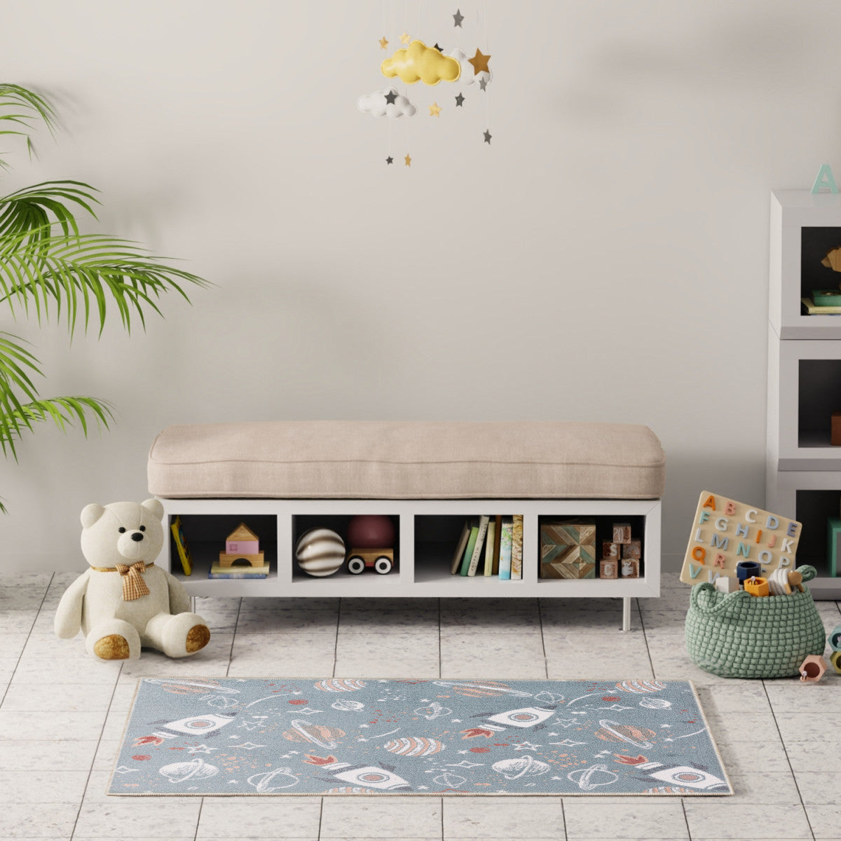 Nourison Astra Blue & Multicolor Pet Friendly Machine Washable Rug - Room Scene