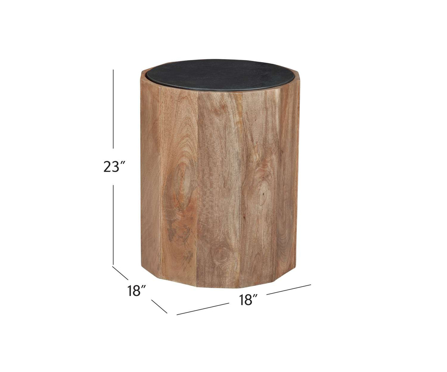 Adrienne 23" End Table in Solid Mango Wood with Black Marble Top - Dimensional