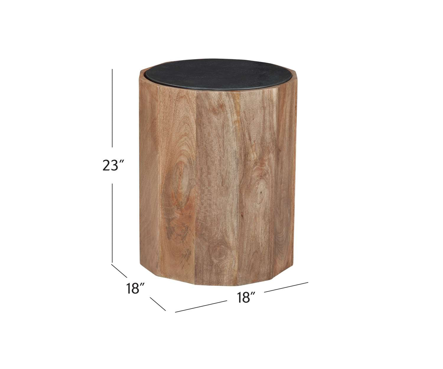Adrienne 23" End Table in Solid Mango Wood with Black Marble Top - Dimensional