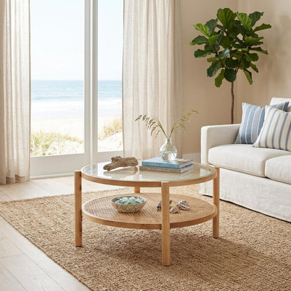 Clear & Natural Glass & Solid Wood Round Coffee Table w/ Shelf image 1