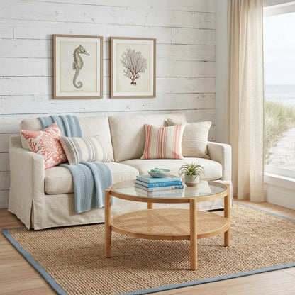Clear & Natural Glass & Solid Wood Round Coffee Table w/ Shelf image 2