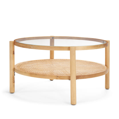 Clear & Natural Glass & Solid Wood Round Coffee Table w/ Shelf image 3