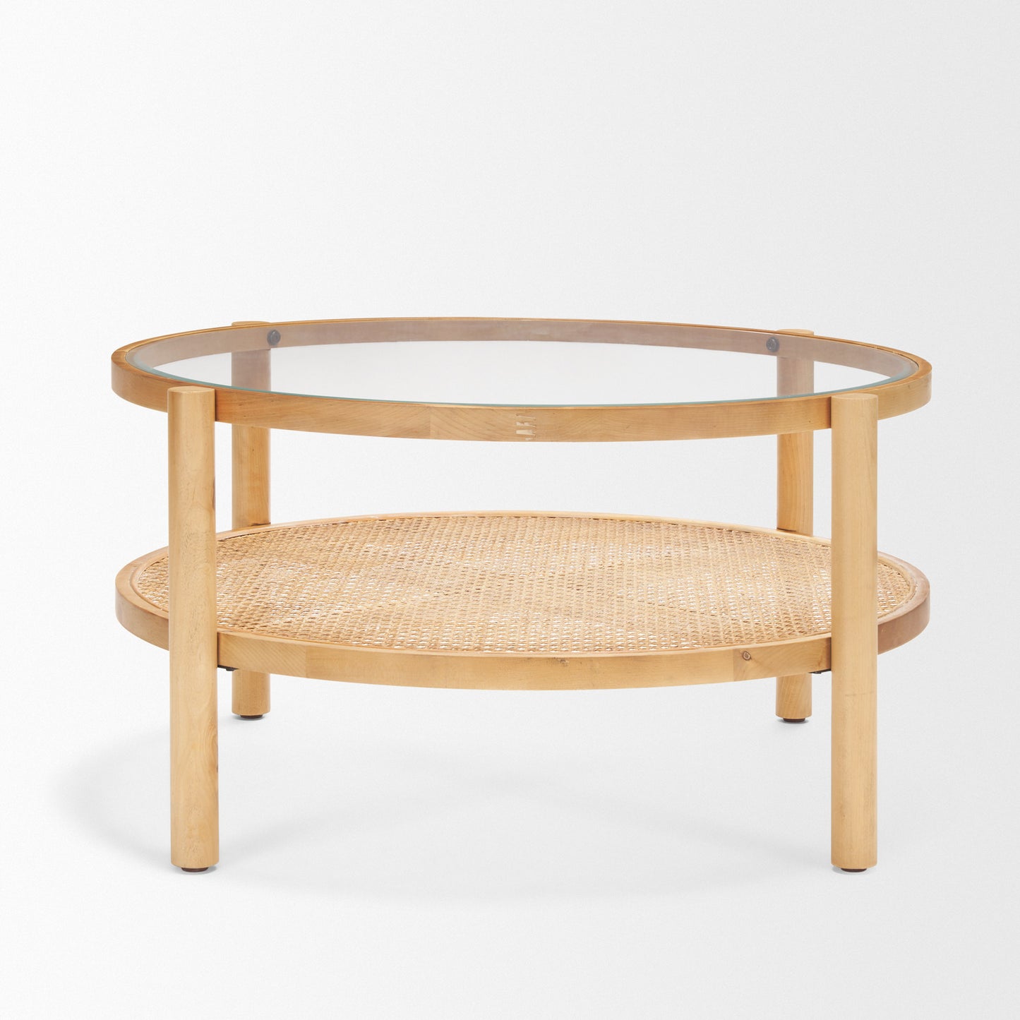 Clear & Natural Glass & Solid Wood Round Coffee Table w/ Shelf image 4