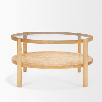 Clear & Natural Glass & Solid Wood Round Coffee Table w/ Shelf image 4