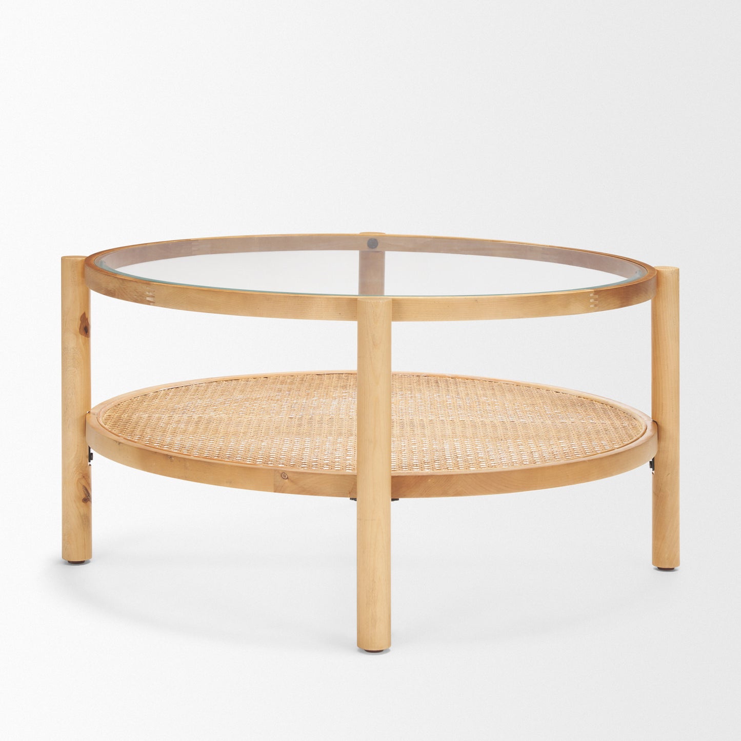 Clear & Natural Glass & Solid Wood Round Coffee Table w/ Shelf image 5