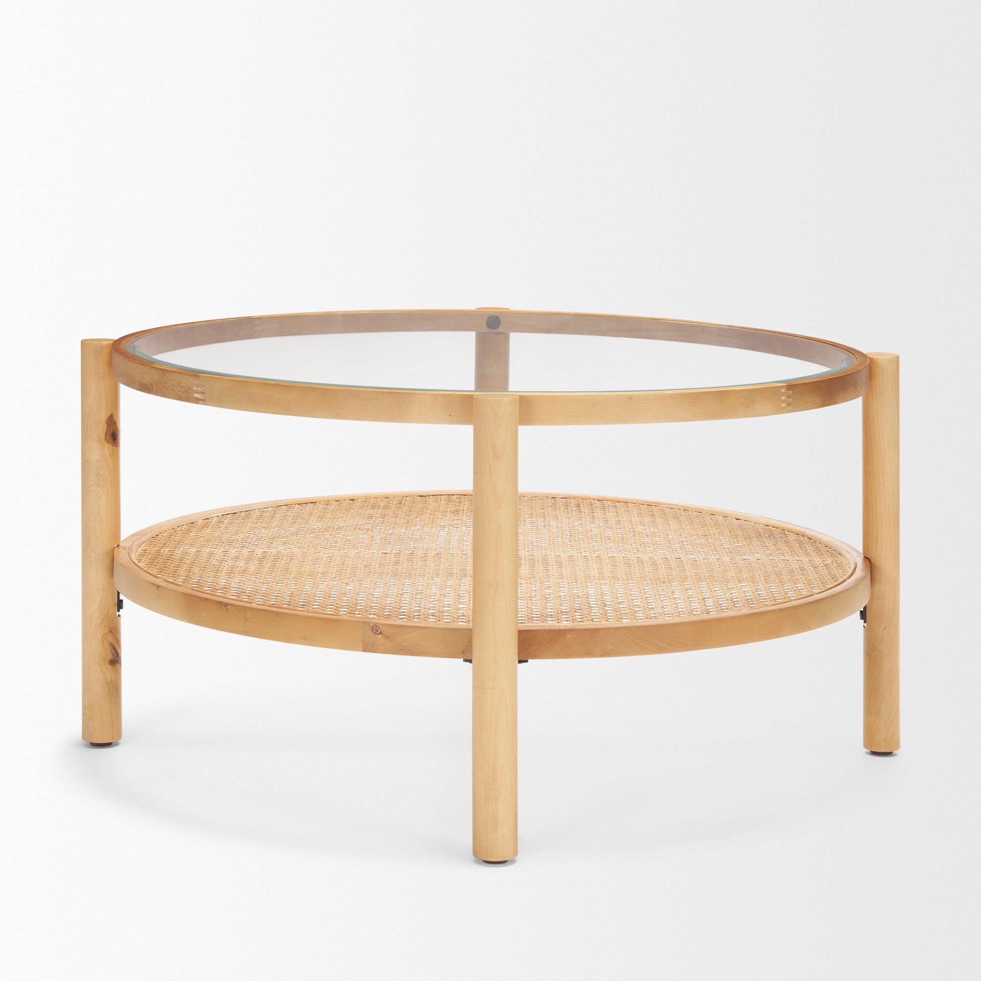Clear & Natural Glass & Solid Wood Round Coffee Table w/ Shelf image 5